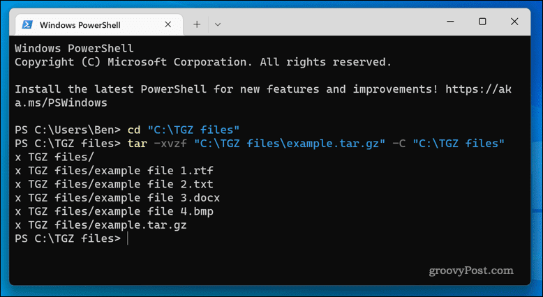 TGZ-bestanden extraheren op Windows 11 met behulp van de terminal-app