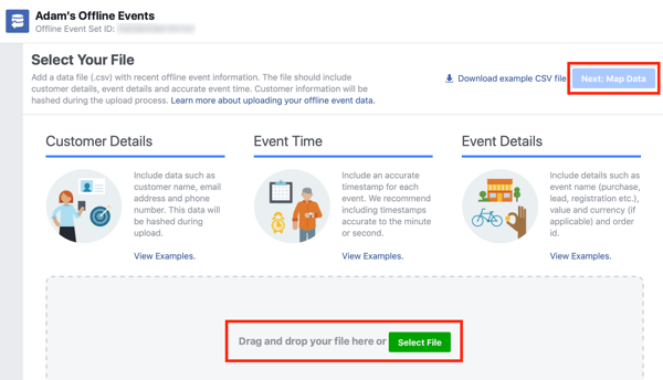 Optie om uw gegevensbestand naar Facebook Ads Manager te slepen en neer te zetten.