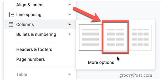 De optie Twee kolommen in Google Documenten