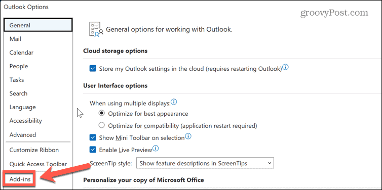 menu voor Outlook-invoegtoepassingen