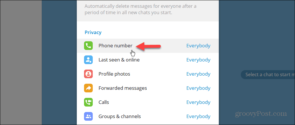 Privacy-instelling voor telefoonnummer in de Telegram-desktopapp