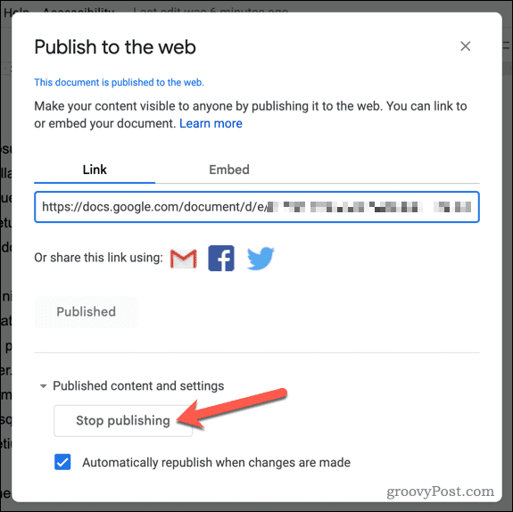 Stop met het publiceren van een document naar Google Docs