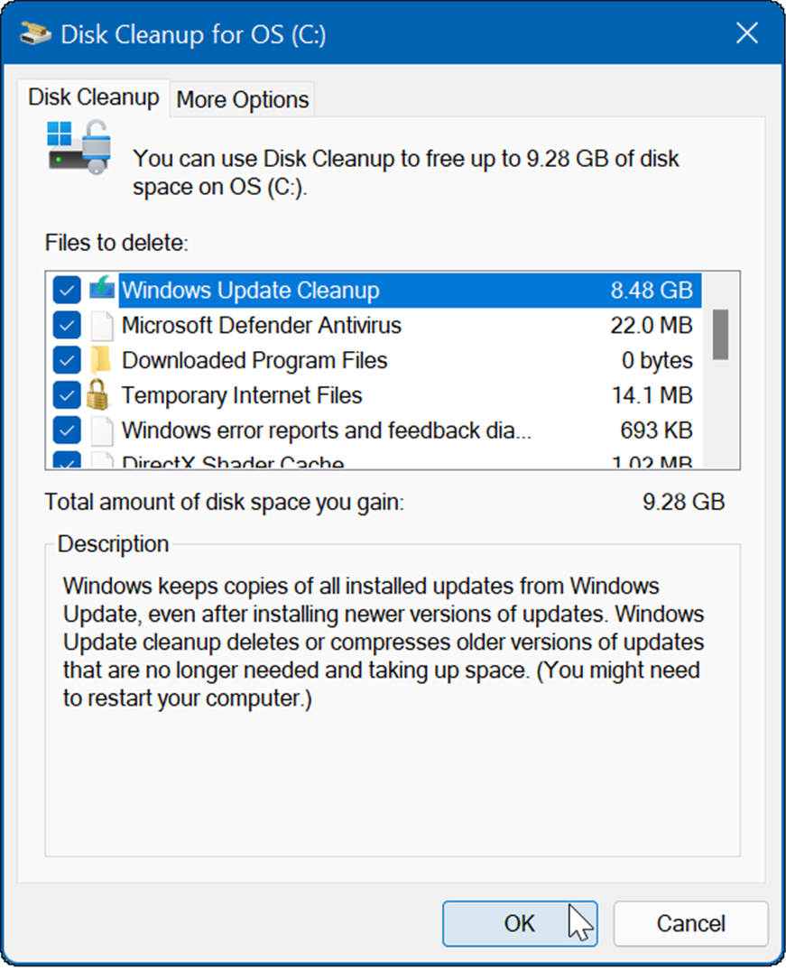 het resultaat zal verschillende tijdelijke bestanden zijn, waaronder Windows Update Cleanup