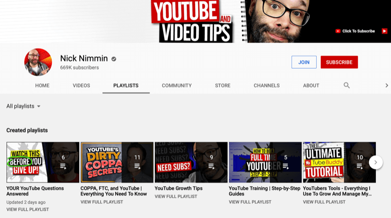 screenshot van de hoofdpagina van het nick nimmin youtube-kanaal op het tabblad afspeellijst, met verschillende gemaakte afspeellijsten