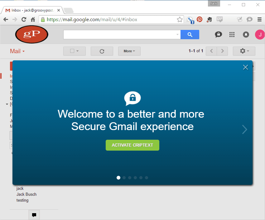 Criptext geïnstalleerd in Gmail