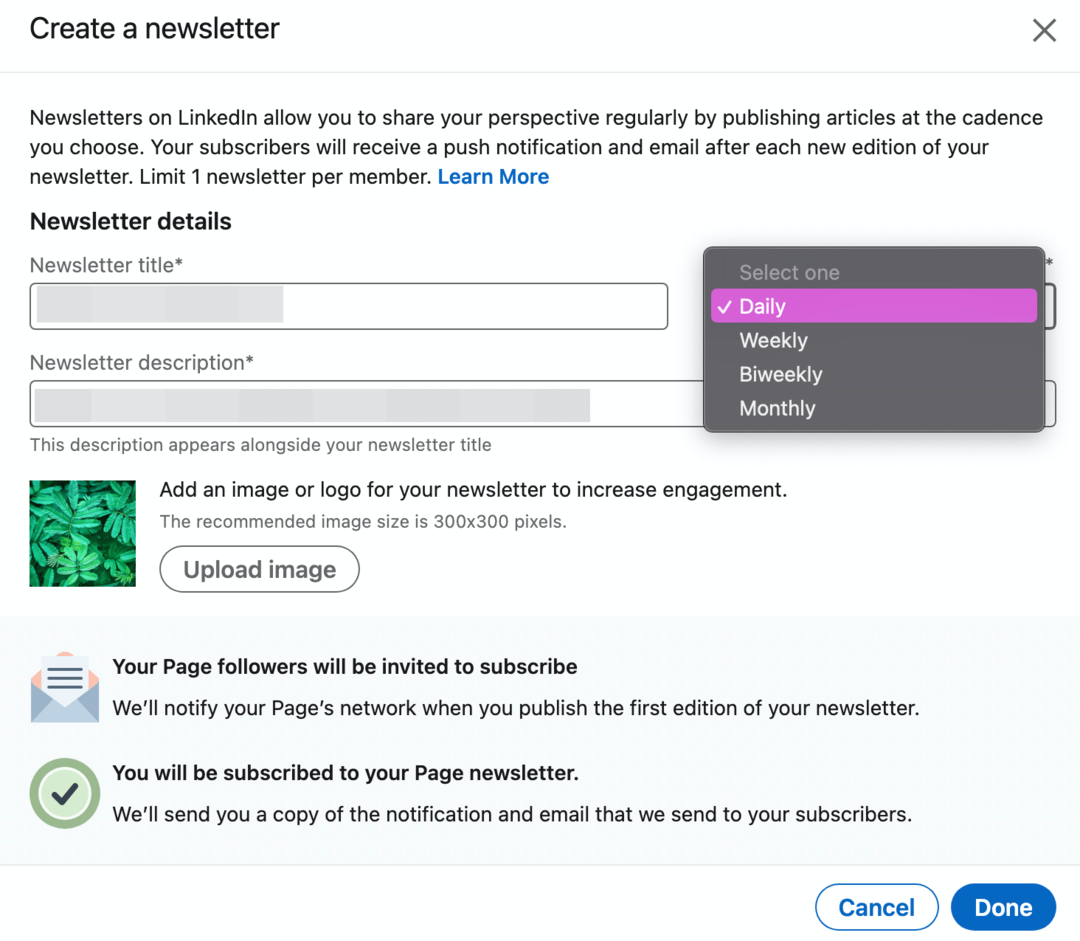 afbeelding van het dialoogvenster Een nieuwsbrief maken op LinkedIn