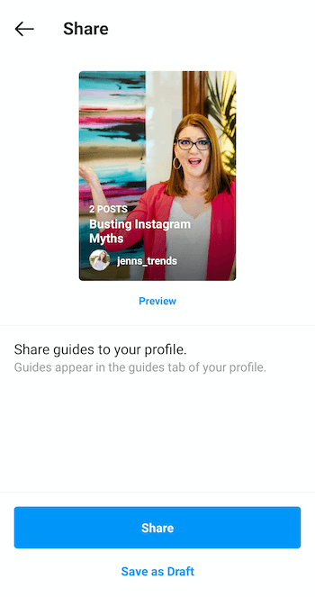 voorbeeld maak nu instagram-gids deel scherm met voorbeeld in blauw onder de omslagafbeelding, samen met lagere knopopties voor delen en opslaan als concept