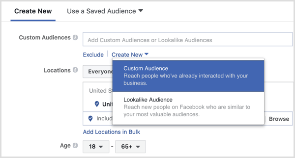 Facebook Ads Manager creëert een aangepast publiek tijdens het instellen van advertenties