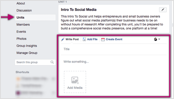 Klik in uw Facebook-groepseenheid en schrijf een bericht, voeg een bestand toe of maak een evenement.