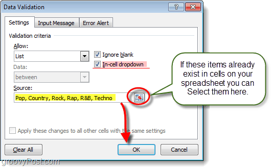 stel dropmenu-inhoud in Excel 2010 in