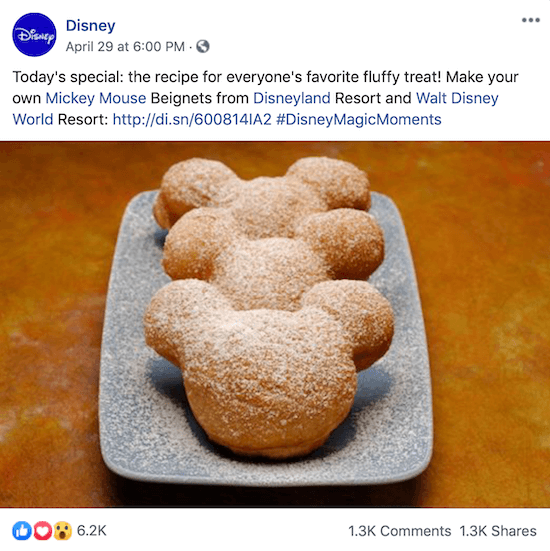 Disney Facebook-bericht met link naar recept voor Mickey Mouse-beignets
