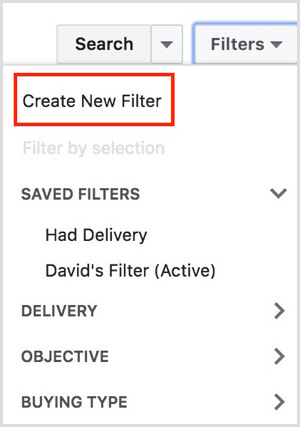 facebook ads manager maak een nieuw filter