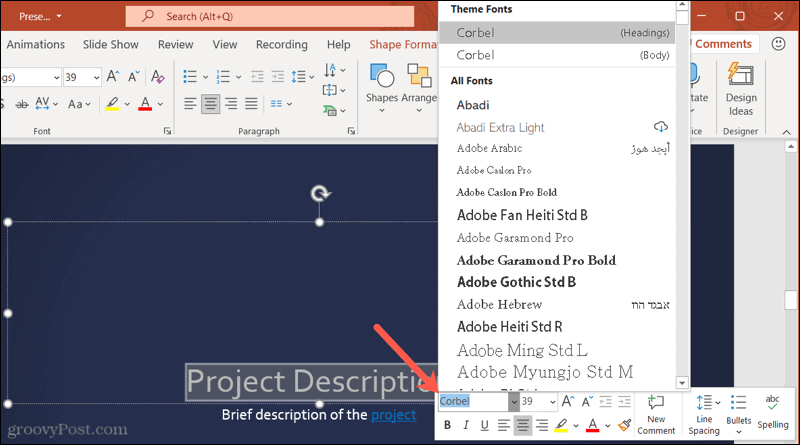 Lettertypen in de werkbalk in PowerPoint op Windows