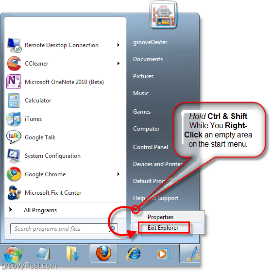 houd de toetsen ingedrukt en klik met de rechtermuisknop op het startmenu om Explorer in Windows 7 af te sluiten