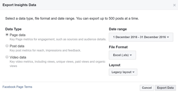 Kies het gegevenstype, bereik, bestandsformaat en lay-out voor uw Facebook Insights-gegevens.