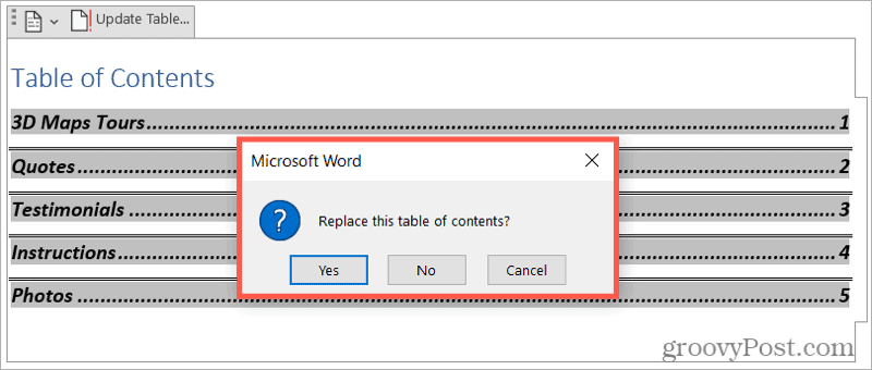 Inhoudsopgave vervangen in Word