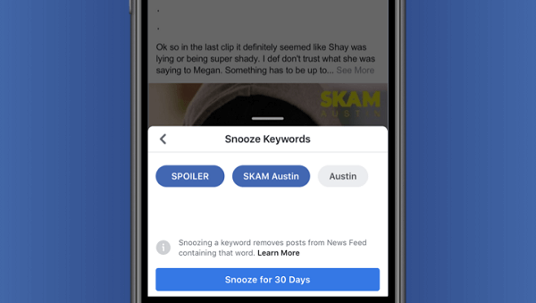 Facebook test Keyword Snooze, waarmee gebruikers tijdelijk berichten kunnen verbergen op basis van tekst die rechtstreeks uit het bericht wordt gehaald.