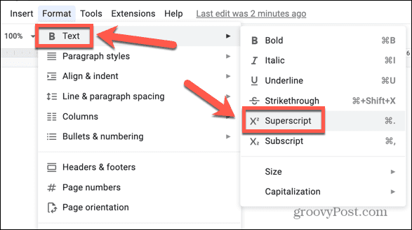 google docs formaat superscript