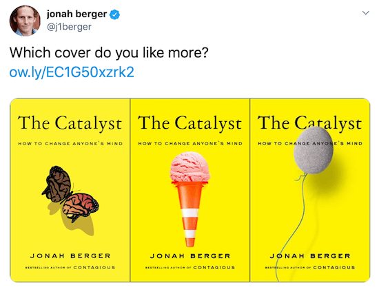 Jonah Berger tweet met afbeeldingen van drie mogelijke boekomslagen