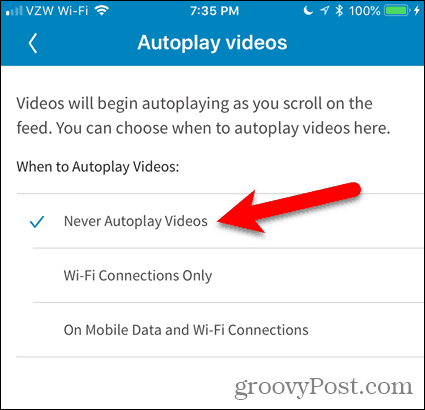 Tik op Nooit video's automatisch afspelen in LinkedIn