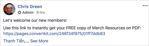 Deze Facebook-groepspost verwelkomt de nieuwe leden en herinnert hen eraan om een ​​gratis pdf te downloaden.