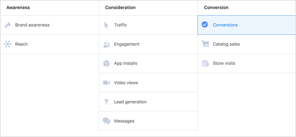 Selecteer de conversiedoelstelling voor een Facebook-campagne.