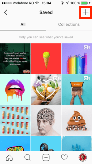 Tik op het + -teken in de rechterbovenhoek van het Instagram opgeslagen scherm.
