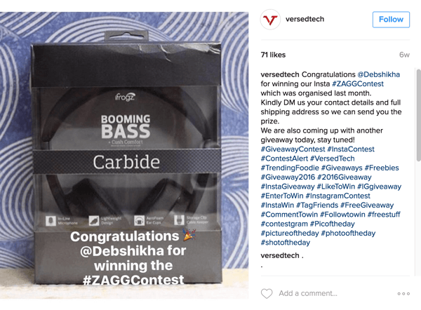 Maak de winnaar van je Instagram-selfiewedstrijd bekend.