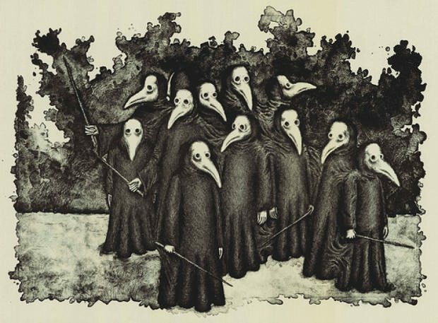 Geïllustreerde methode van bescherming tegen de pest, die in de middeleeuwen wijdverbreid werd, voorkwamen mensen de verspreiding van bacteriën met deze maskers