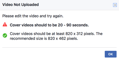 Als je omslagvideo nog niet voldoet aan de technische normen van Facebook, kun je deze niet rechtstreeks uploaden als omslagvideo van je pagina.