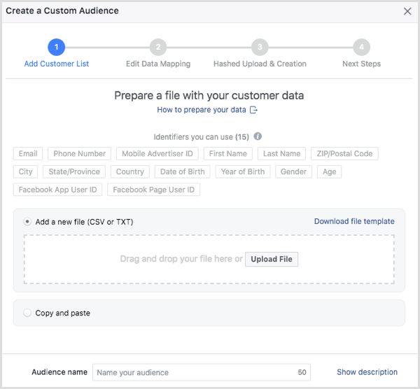 Kies het klantenbestand dat u naar Facebook wilt uploaden.