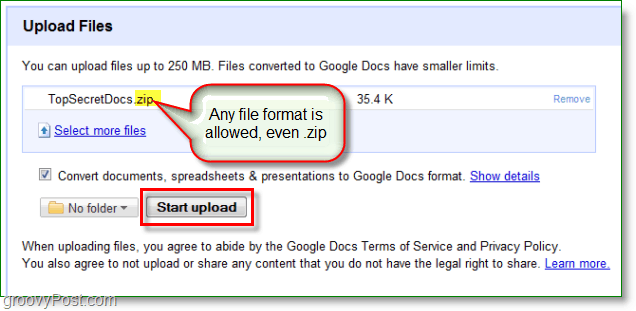 Screenshot van Google Documenten - een zip geüpload