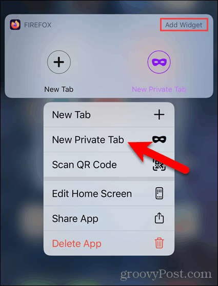 Druk lang op het Firefox-pictogram en selecteer Nieuw privé-tabblad op iOS
