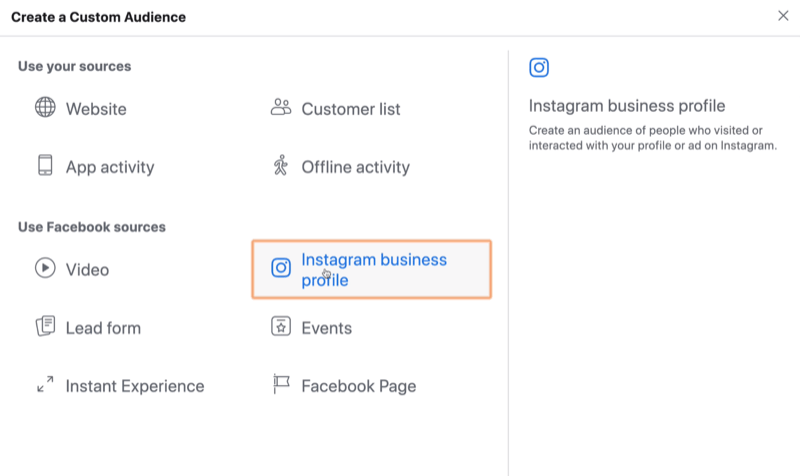 selecteer Instagram Business als bron voor het aangepaste publiek van Facebook