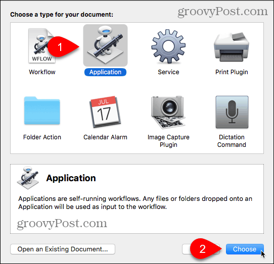 Kies Toepassingstype in Automator voor Mac