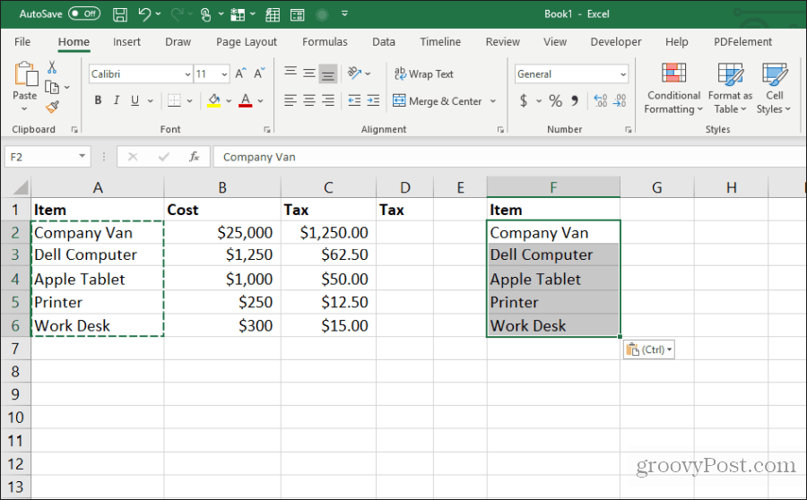 kolombreedten plakken in Excel