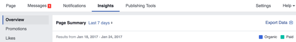 Ga naar het tabblad Overzicht om uw Facebook Insights-gegevens te exporteren.