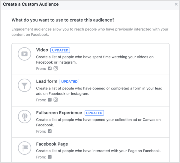 facebook creëren aangepaste doelgroep voor pagina-engagement