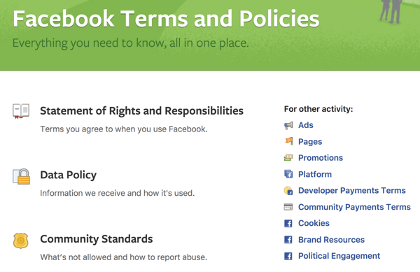 Facebook schetst alle voorwaarden en beleidsregels die u moet kennen.