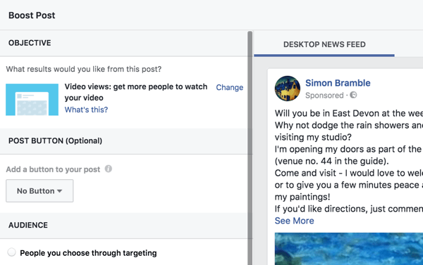 Facebook maakt het gemakkelijk om een ​​boost-bericht op te zetten door je door de opties te leiden.