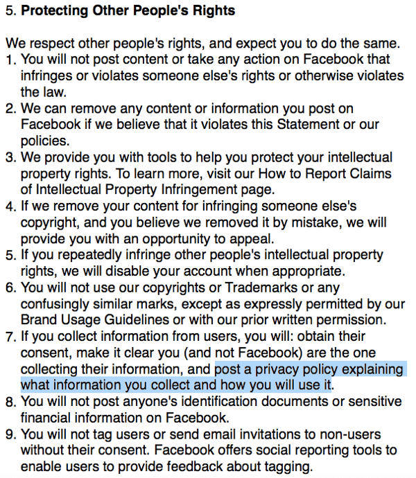 Facebook-voorwaarden die het vereiste van het privacybeleid uiteenzetten.