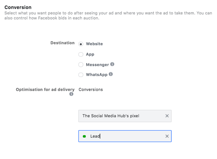 optie om een ​​hoofdevenement te selecteren voor de optimalisatie van uw conversiedoel in Facebook Ads Manager