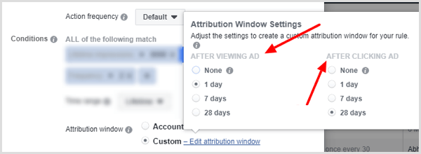 Attribution Window Settings-opties bij het instellen van voorwaarde voor Facebook-regel