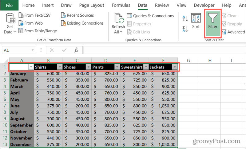 Schakel filters in Excel in