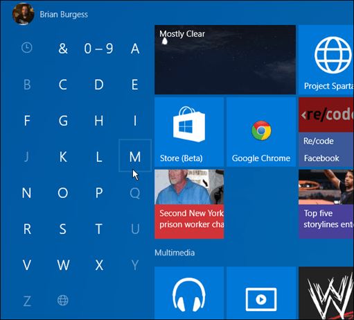 apps door eerste letter Windows 10 Start