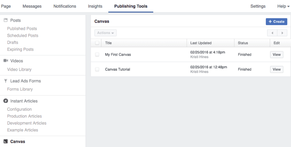 facebook publishing tools canvas