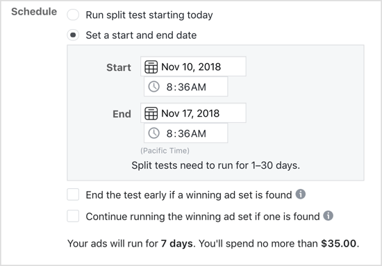 Selecteer de optie Stel een start- en einddatum in voor de Facebook-splitstest.