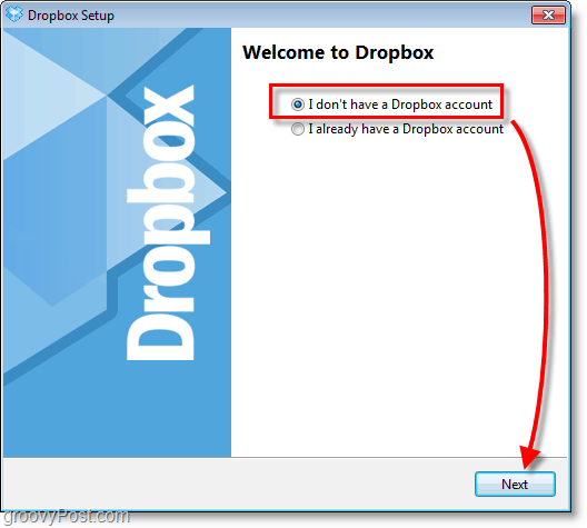 Screenshot van Dropbox - kies ervoor om een ​​nieuw account te maken