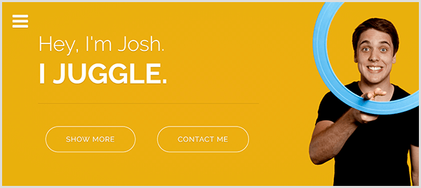 De website van Josh Horton voor jongleren heeft een gele achtergrond, een foto van Josh die lacht en een lichtblauwe jongleerring rond zijn wijsvinger draait, en een witte tekst die zegt: Hey I'm Josh. Ik jongleer.