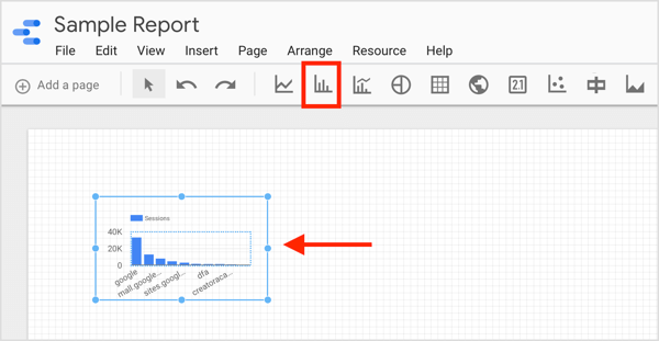 Klik op het pictogram voor het element dat u wilt maken en teken een kader in uw rapport.